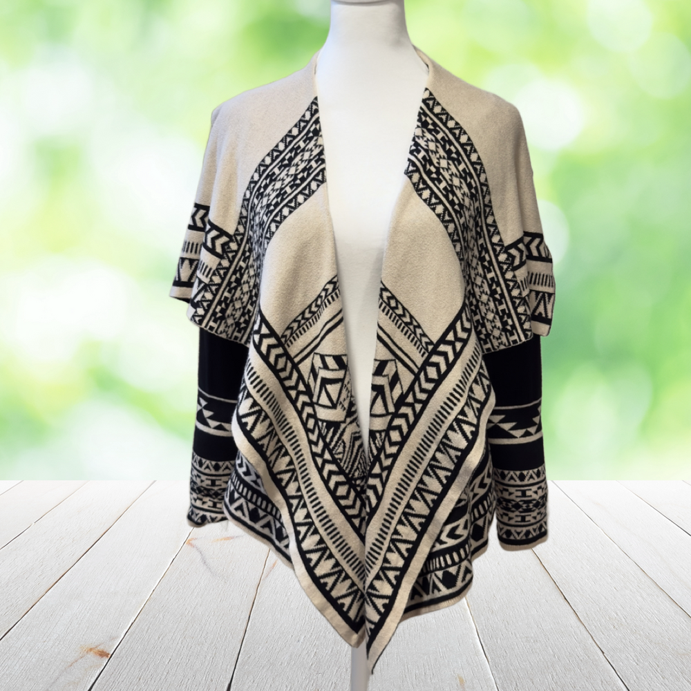 Vintage FLYING TOMATO Sweater Art Deco Open Cardigan Black Beige Slim Womens S
